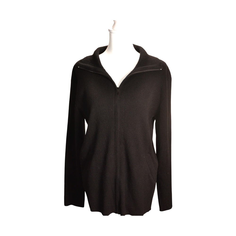 Vintage‎ Chico's Design Black Ribbed Silk Blend Zip Up Sweater Jacket Women 2 L